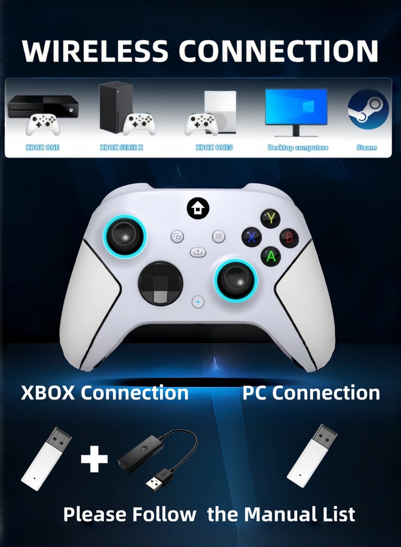 كول رابي وحدة تحكم لاسلكية بتردد 2.4 جيجاهرتز مع إضاءة RGB بسبعة ألوان لأجهزة Xbox One و Xbox Series X/S و Xbox One X/S والكمبيوتر الشخصي و Steam، مزودة بعصا تحكم بتقنية تأثير هول، وبطارية بسعة 800 مللي أمبير/ساعة، ووظيفة اهتزاز مزدوج، ووظيفة توربو، وإمكانية البرمجة، ومنفذ صوت 3.5 ملم (أبيض لؤلؤي). - Image 2